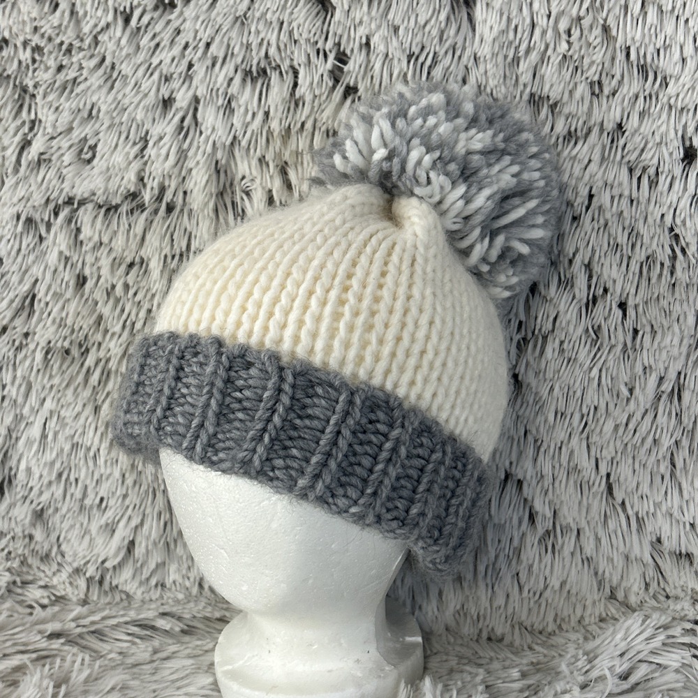 Gelso Bianco Italy Alpaca Wool Pom Pom Chunky Knit Winter Hat Beanie Gray‎ White